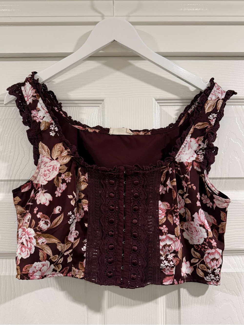 Altar’d State Fall Floral Burgundy Crochet-Trim Crop Corset Top